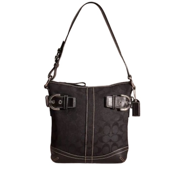 COACH BLACK SIGNATURE CANVAS & LEATHER SLIM DUFFLE SHOULDER BAG VINTAGE - Picture 1 of 17